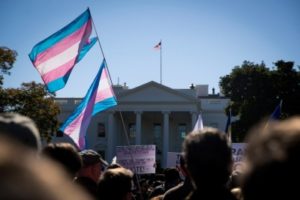 Trans flag flying in crowd in front of the White House